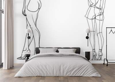 Intuitive black linear sketch of women's legs in high heels on white background. Wall mural