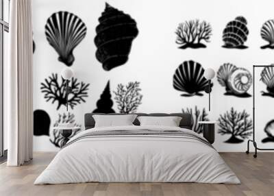 Isolated on a white background are silhouettes of black sea shells, algae, and starfish. Wall mural