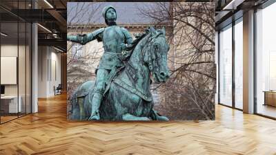 Equestrial statue of Jaon of Arc in front of Reims Cathedral. Wall mural