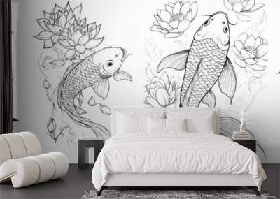 Koi fish tattoo style modern illustration. Japanese background. Tattoo design koi fish. Chinese doodle art style. Peony, cherry blossoms, lotus. Modern. Wall mural