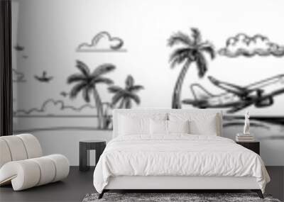 Line drawing of tropical landscape with beach and palm tree in simple linear style. Airplane in clouds in editable stroke. Doodle modern illustration. Wall mural