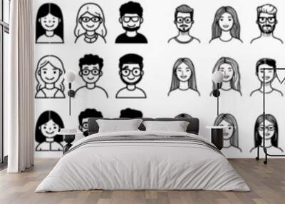 Line icons depicting male and female avatars, it includes flat boys and girls with doodle characters. Modern silhouette of a modern silhouette man with a different haircut and a set of expressions. Wall mural