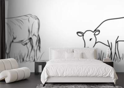 Modern illustration of a cow grazing on a white background in a continuous line art drawing style. Wall mural