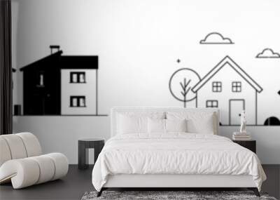 Modern illustration of an abstract country house in continuous line art drawing style. Black linear design isolated on white background. Wall mural