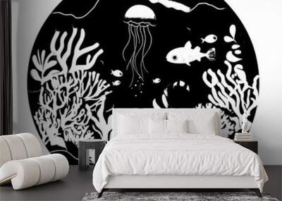 Ocean undersea life coral reef in water paper cut art, underwater world jellyfish and seashells, cartoon jellyfish and fish shoal. Wall mural