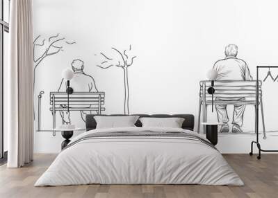 Old man sitting alone on chair in continuation line style. Semi-transparent black linear sketch with white background showing Senior man holding cane sitting in park. Wall mural