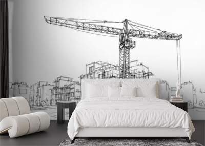 On a white background, a continuous line is drawn showing a pair of shoes by a woman. A tower crane. A building of a city house. A construction crane. This image is drawn on a background containing a Wall mural