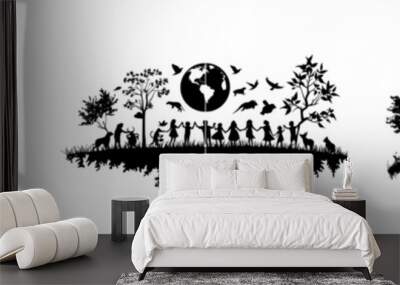 Planet Earth with animals and people black silhouette modern. Wild animals silhouette. Planet Earth with fauna and flora modern. Animals on planet earth. Wall mural