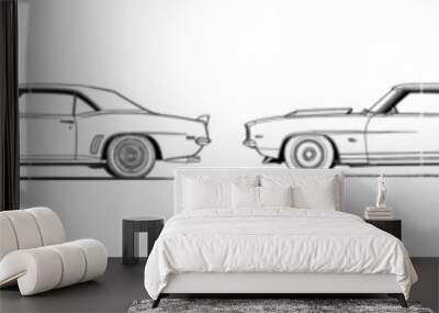 Retro car in continuous line art drawing style. Vintage automobile minimalist linear sketch isolated on white background. Wall mural