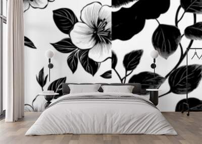 Seamless pattern with hand drawn black flowers on a monochrome background. A modern rendition of roses, peonies, and chrysanthemums with black and white artistic elements. Wall mural