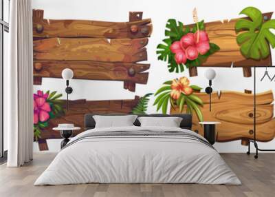 Signboard made of wood and surrounded by green grass. Cartoon modern illustration of tropical frames and panels for labeling. Illustration of tropical frames with plants and flowers.. Wall mural