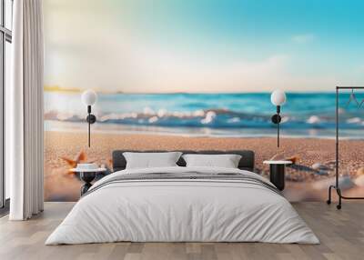 Spectacular evening light on a beach with fine sands and captivating waves, created by AI's aid. Wall mural