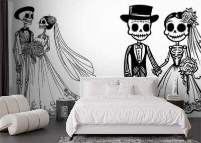 Suitable for wedding design templates such as skull and skeleton weddings, Halloween weddings, themes for brides and grooms and modern illustrations for new families. Wall mural