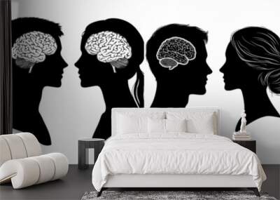 The human head profile with the brain symbol is illustrated in black and white Wall mural