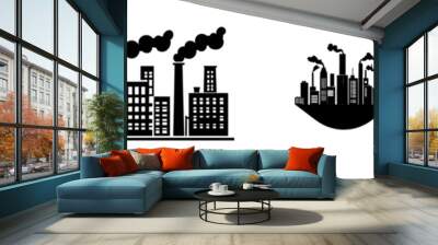 The icon of an industrial building with chimney smoke, a modern emblem. The icon of an oil and gas production plant or refinery pipeline factory, a chemical and metallurgical factory plant, and icon Wall mural