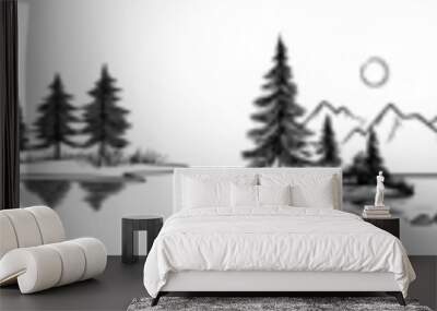 The most breathtaking landscape. High mountains. Vast forests. One continuous line drawn isolated and on a white background. Wall mural