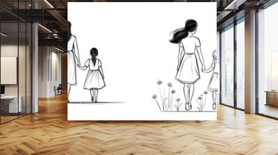 The mother and daughter walk together in a continuous line art drawing style. Black linear sketch isolated on white background. Modern illustration style. Wall mural