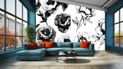 The seamless floral modern pattern has peonies, roses, anemones. The illustration is hand drawn in black paint with abstract flowers. Wall mural