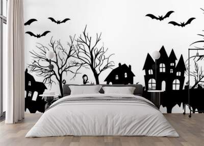 The silhouette of a Halloween town. A crooked spire, haunted house and a foreboding moon cast shadows upon a gloomy cityscape. Silent dark shapes hint at the secrets hidden within the spectral night. Wall mural