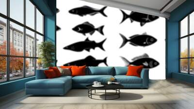 The silhouettes of a variety of fishes are presented in modern graphics. Wall mural