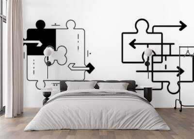 There are two puzzle pieces connected with arrows showing data flow through a data integration process Wall mural