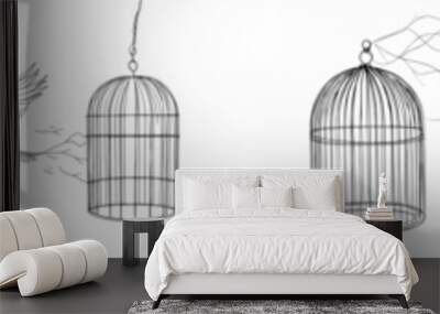 This continuous line art drawing depicts a bird released from its cage. The bird flew away from the open cage to find freedom and new opportunities. Black linear sketch isolated on white. Wall mural