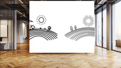 This flat modern illustration depicts a harvest field with an editable stroke outline, isolated on a white background. Icons are pixel-perfect. Wall mural