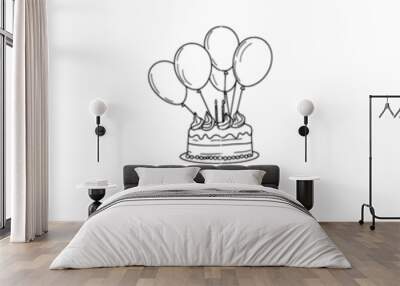 This is a continuous line drawing of happy birthday with a symbolic party balloon and birthday cake. One hand drawn minimalist style. Wall mural