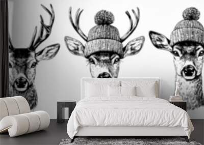 This is a cute fawn set. In a bobble hat and tweed cap with a pompom. A little deer with a headwear. It is presented in profile. Ears sticking out. A Christmas character. Isolated modern clipart Wall mural