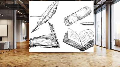 This is a sketch set of modern literary writing with vintage writers quill ink pen, a poem book, and manuscript papers scroll. This is a hand drawn set of modern literature. Wall mural