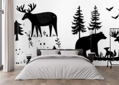 Wild forest steppe animals in black silhouette on white background. Collection animal characters. Bears, deer, elk, wolves. Woodland animals. Wall mural