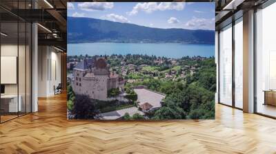 Annecy city, lake and castle from above, in southeastern France Wall mural