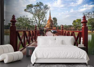 Bicycle in Wat Sra Sri or Wat Sa Si in Sukhothai historical park in Thailand Wall mural