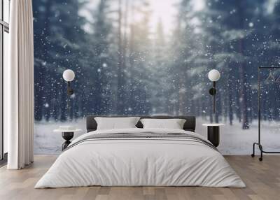 blur white snow and pine forest winter background. Christmas and new year backdrop for festive seasonal decoration Wall mural