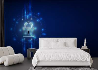 digital padlock with virtual screen on dark background with copy space. cyber security technology for fraud prevention and privacy data network protection concept Wall mural