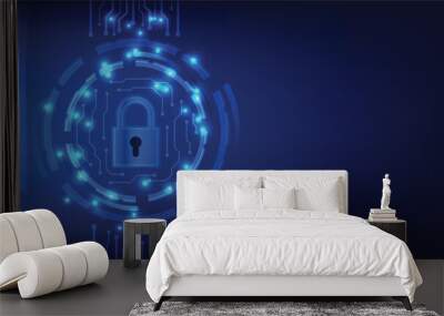 digital padlock with virtual screen on dark blue background with copy space. cyber security technology for fraud prevention and privacy data network protection concept Wall mural