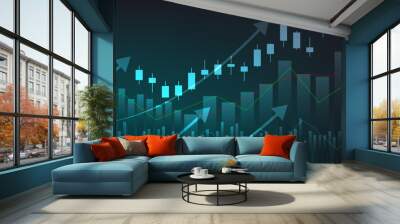 Financial business statistics with bar graph and candlestick chart show stock market price and effective earning on dark green background Wall mural