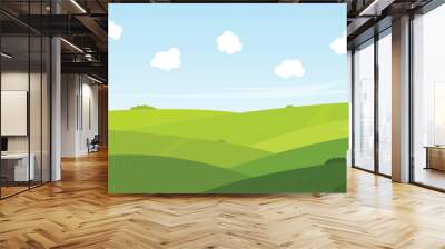 nature landscape scenery cartoon background with green field and blue sky with white fluffy cloud Wall mural