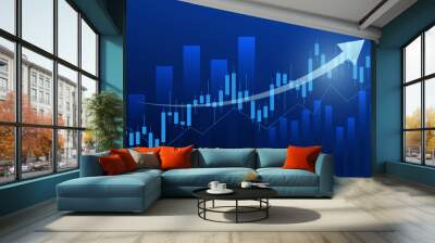 stock market and cryptocurrency trading chart concept. candlestick and bar graph with volume indicator show digital money or financial statistics and business earning management on blue background  Wall mural