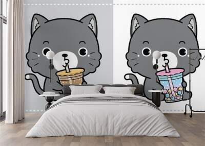 Little Black Cat Drink Boba Milk Tea. Cute Cartoon Vector Wall mural