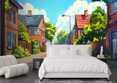 A cozy street in a suburban area with low brick houses and green trees Wall mural