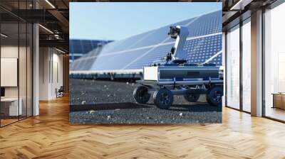 A robot on wheels rides next to the solar panel and uses a manipulator arm to clean the solar panel. Wall mural