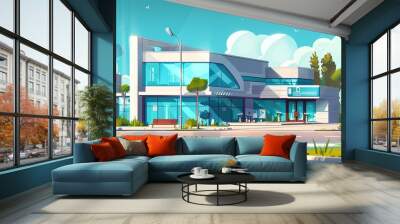 An urban landscape with a view of a modern private clinic standing near the road. Cartoon illustration. Wall mural