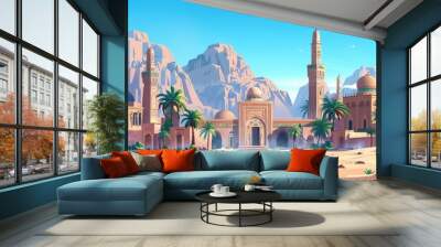 Ancient arab city in desert. Cartoon illustration of sandy area with palms. Wall mural