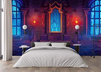 Hall in a magic castle with torches, candles and a magic mirror on the wall. Night lighting Wall mural