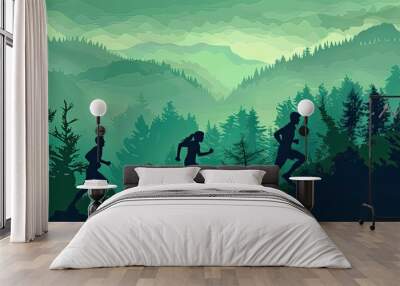 Man and a woman in sports uniform running down a mountain slope. Silhouette illustration. Wall mural