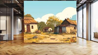 old-style living in an Indian village set in a rural area, cartoon illustration Wall mural