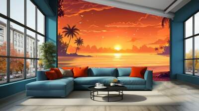 Palm trees silhouettes on colorful tropical ocean sunset background. Cartoon illustration. Wall mural