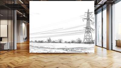 Power lines standing in the field. Sketch illustration. Wall mural