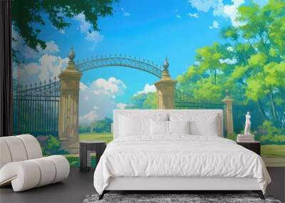 The landscape of the entrance to the summer green park. Cartoon illustration. Wall mural